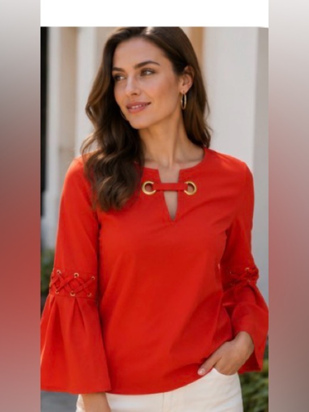 MICHAEL Michael Kors Red Bell Sleeve Grommet Blouse XS Gold Hardware